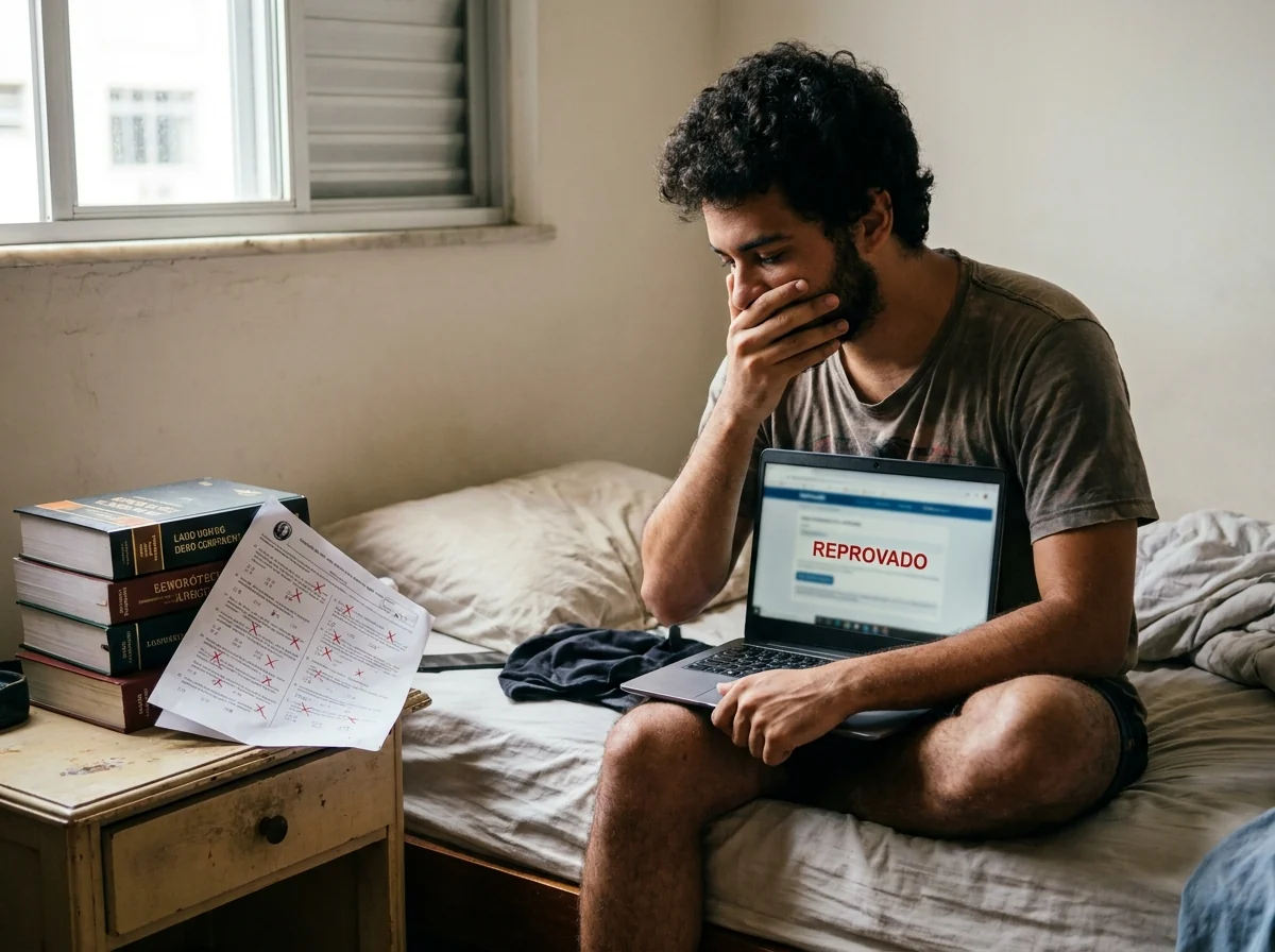 Estudante olhando o resultado de reprovado no notebook